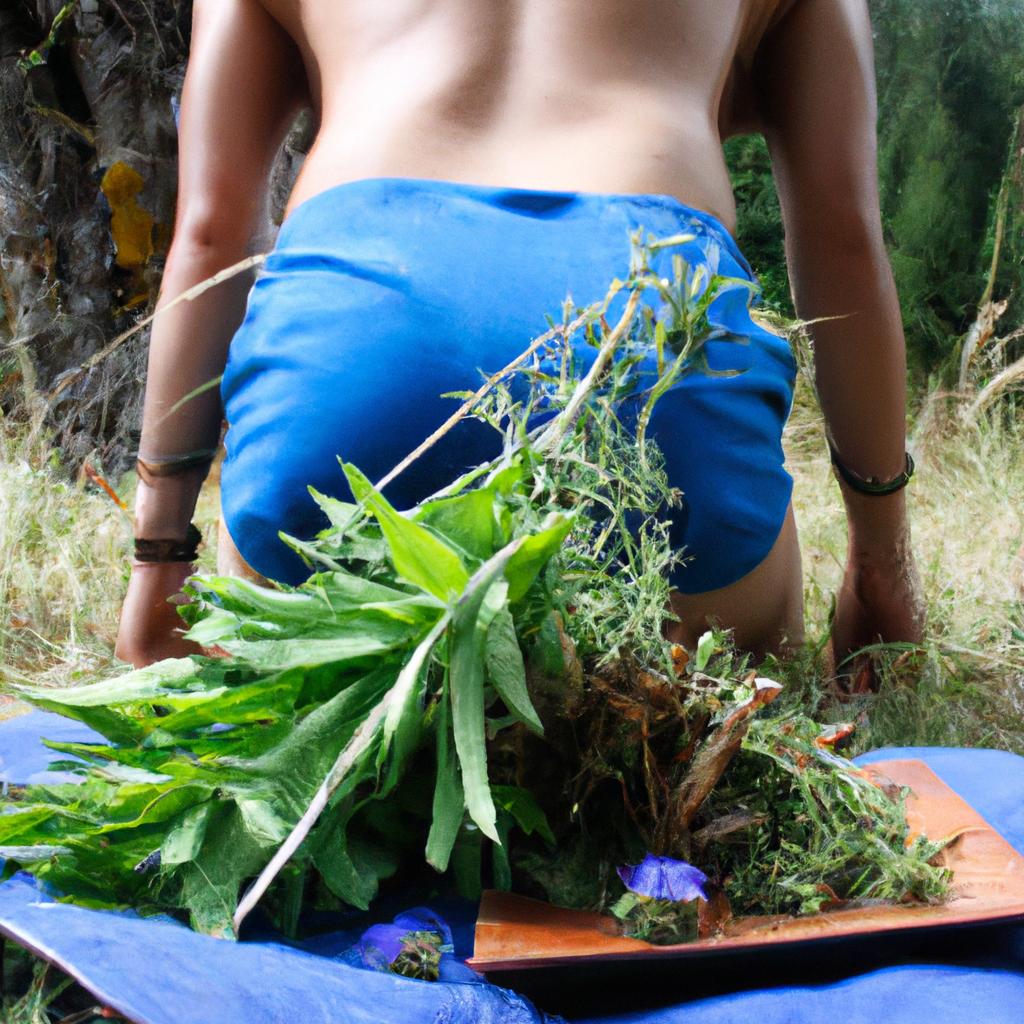 Person practicing yoga with herbs